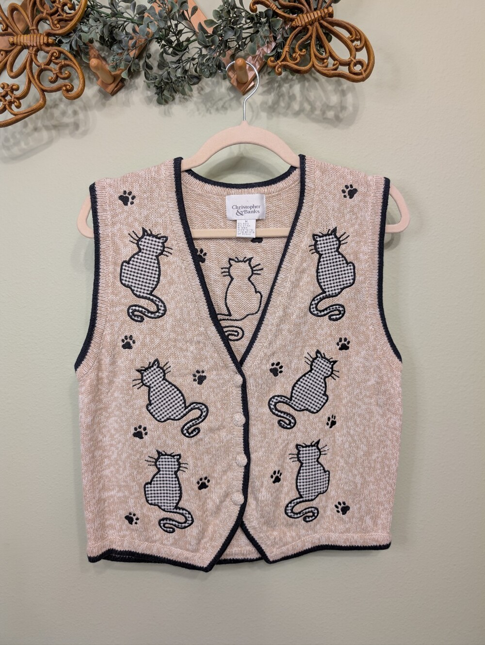 Knit Plaid Cat Beige Vest